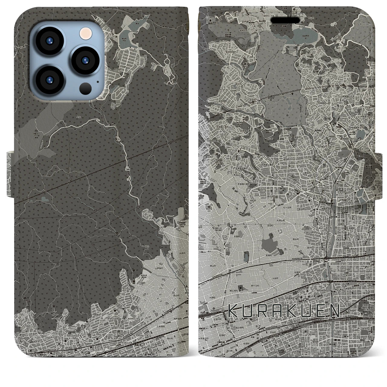 【苦楽園(兵庫県)】地図柄iPhoneケース(手帳タイプ)モノトーン・iPhone 13 Pro Max 用