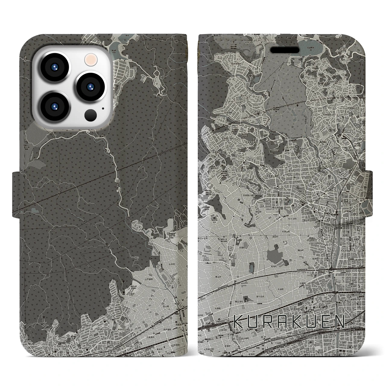 【苦楽園(兵庫県)】地図柄iPhoneケース(手帳タイプ)モノトーン・iPhone 13 Pro 用