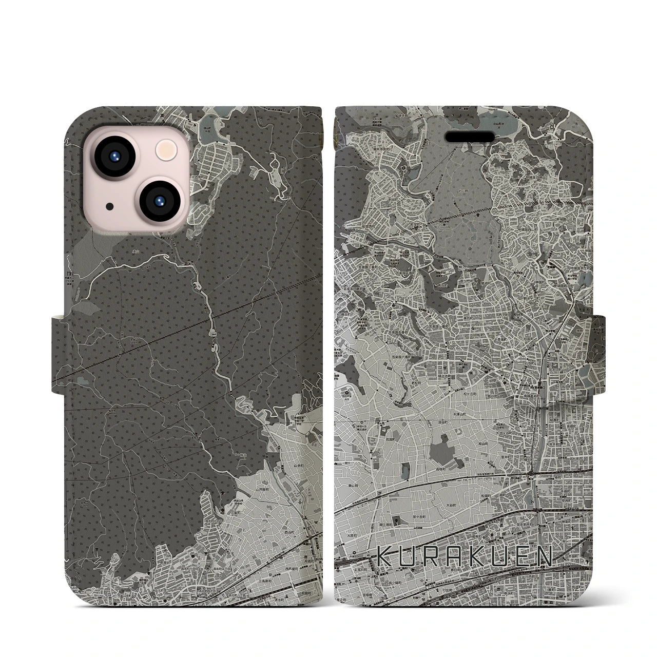 【苦楽園(兵庫県)】地図柄iPhoneケース(手帳タイプ)モノトーン・iPhone 13 mini 用