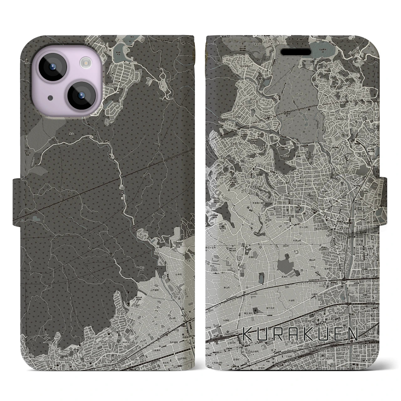 【苦楽園(兵庫県)】地図柄iPhoneケース(手帳タイプ)モノトーン・iPhone 14 用