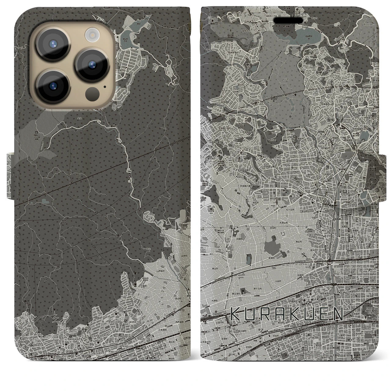 【苦楽園(兵庫県)】地図柄iPhoneケース(手帳タイプ)モノトーン・iPhone 14 Pro Max 用