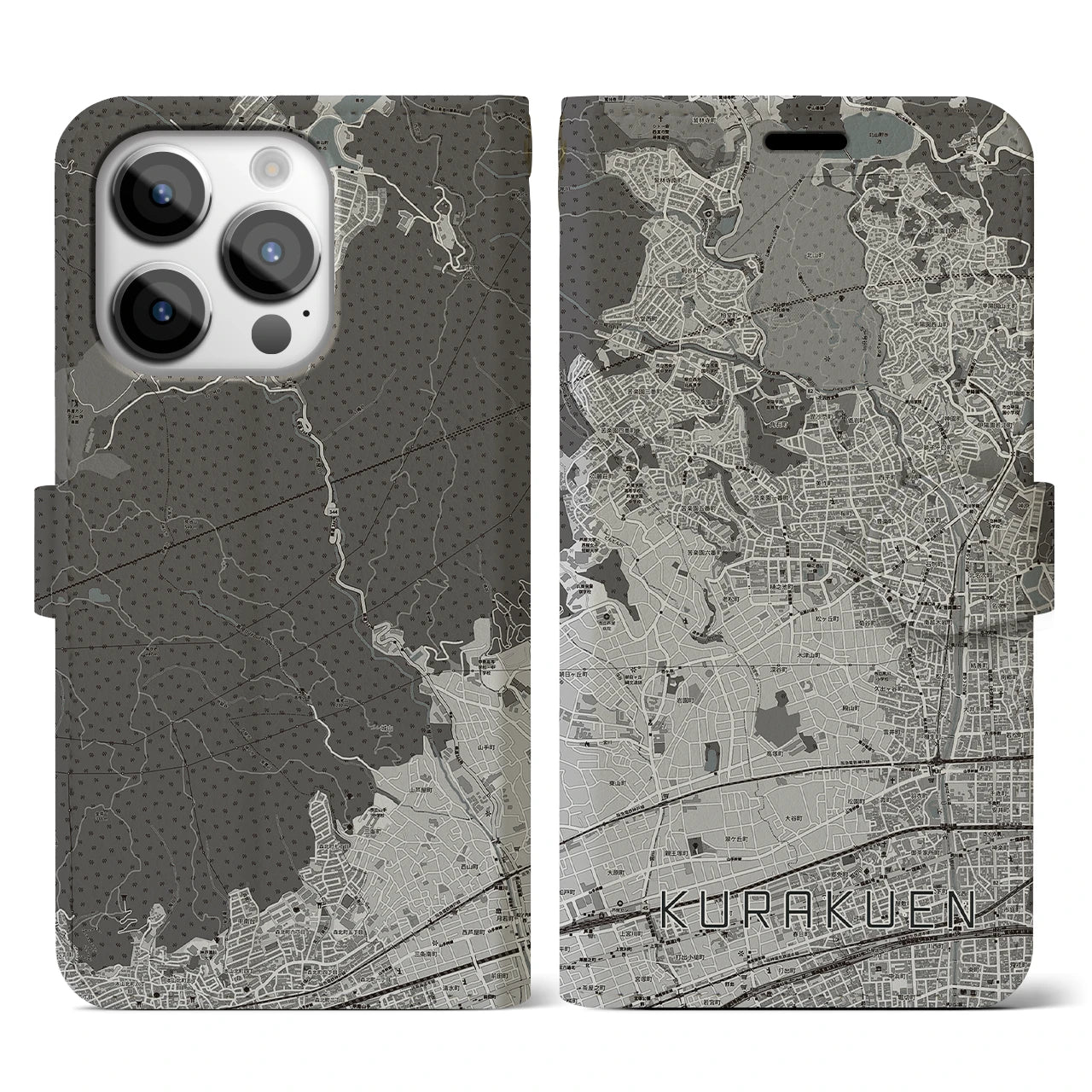 【苦楽園(兵庫県)】地図柄iPhoneケース(手帳タイプ)モノトーン・iPhone 14 Pro 用