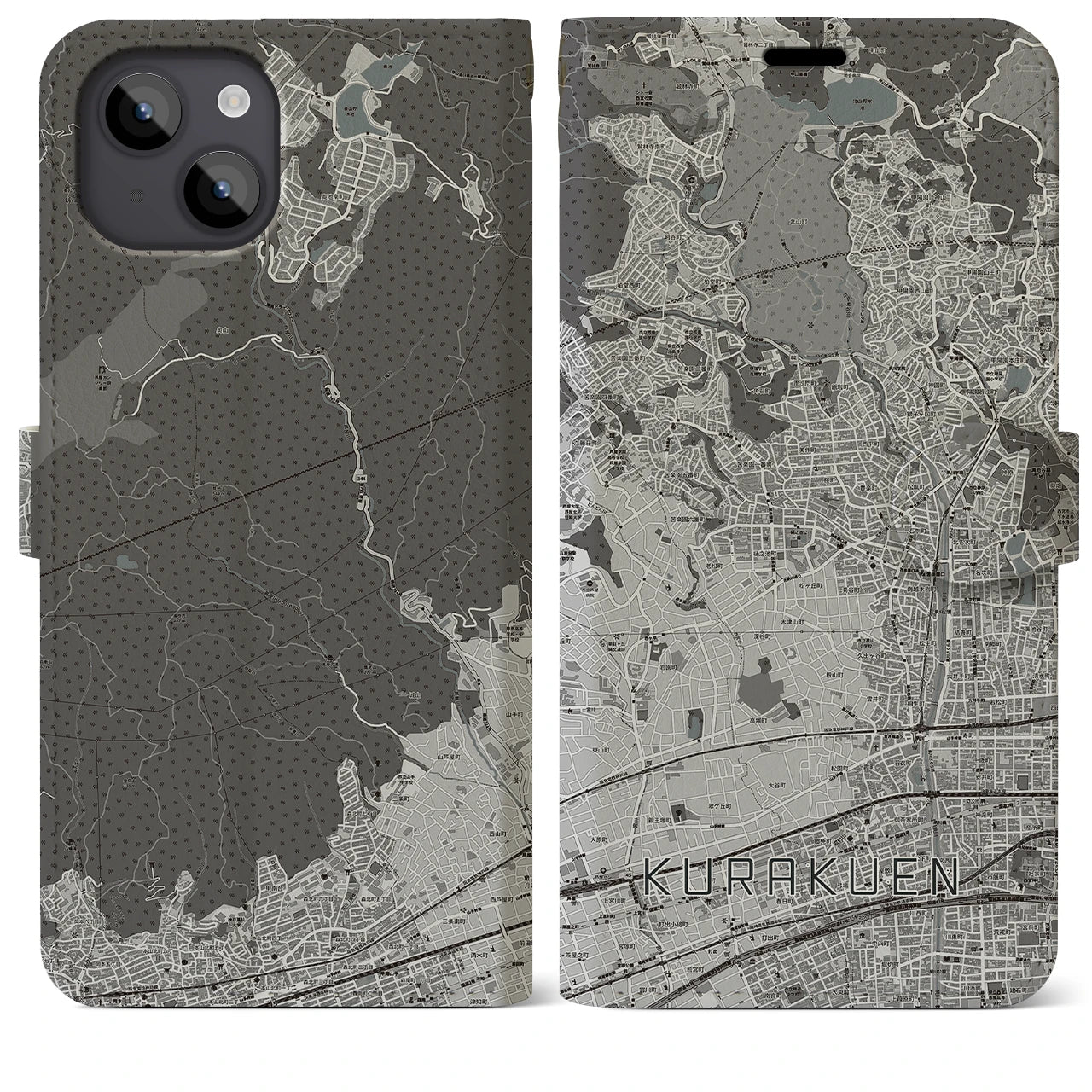 【苦楽園(兵庫県)】地図柄iPhoneケース(手帳タイプ)モノトーン・iPhone 14 Plus 用