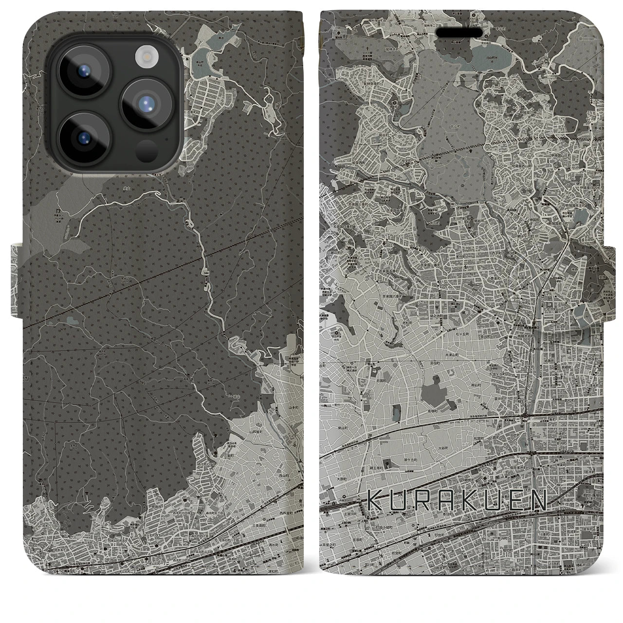 【苦楽園(兵庫県)】地図柄iPhoneケース(手帳タイプ)モノトーン・iPhone 15 Pro Max 用