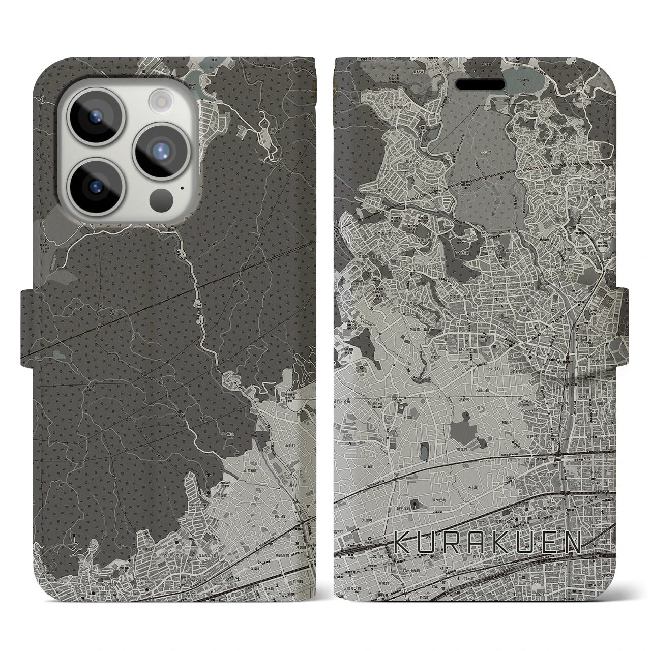 【苦楽園(兵庫県)】地図柄iPhoneケース(手帳タイプ)モノトーン・iPhone 15 Pro 用