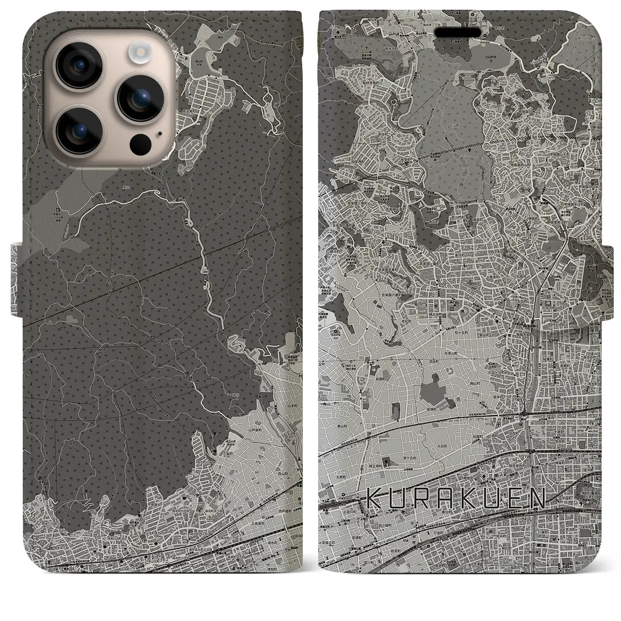 【苦楽園(兵庫県)】地図柄iPhoneケース(手帳タイプ)モノトーン・iPhone 16 Plus 用