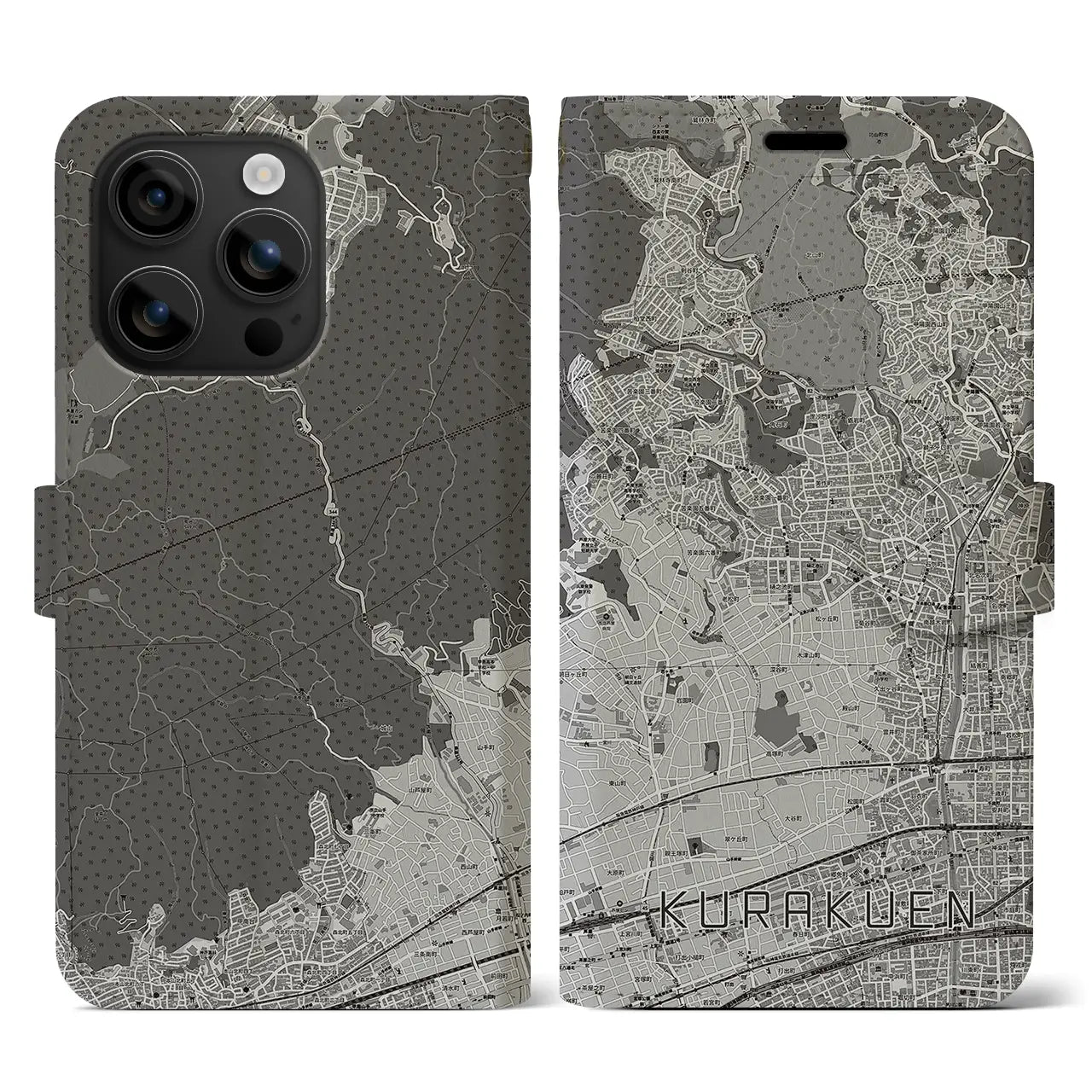 【苦楽園(兵庫県)】地図柄iPhoneケース(手帳タイプ)モノトーン・iPhone 16 用