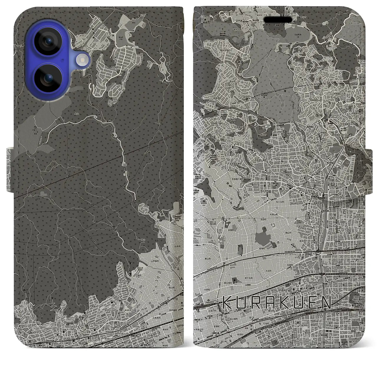 【苦楽園(兵庫県)】地図柄iPhoneケース(手帳タイプ)モノトーン・iPhone 16 Pro Max 用