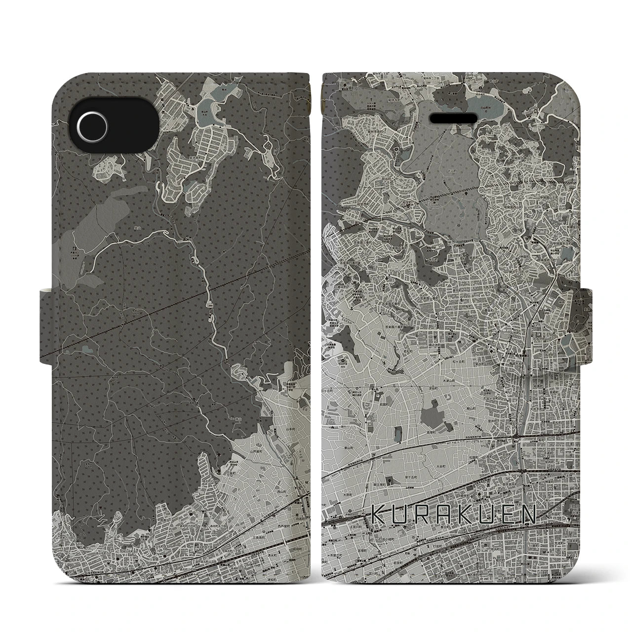 【苦楽園(兵庫県)】地図柄iPhoneケース(手帳タイプ)モノトーン・iPhone SE(第3 / 第2世代) / 8 / 7 / 6s / 6 用