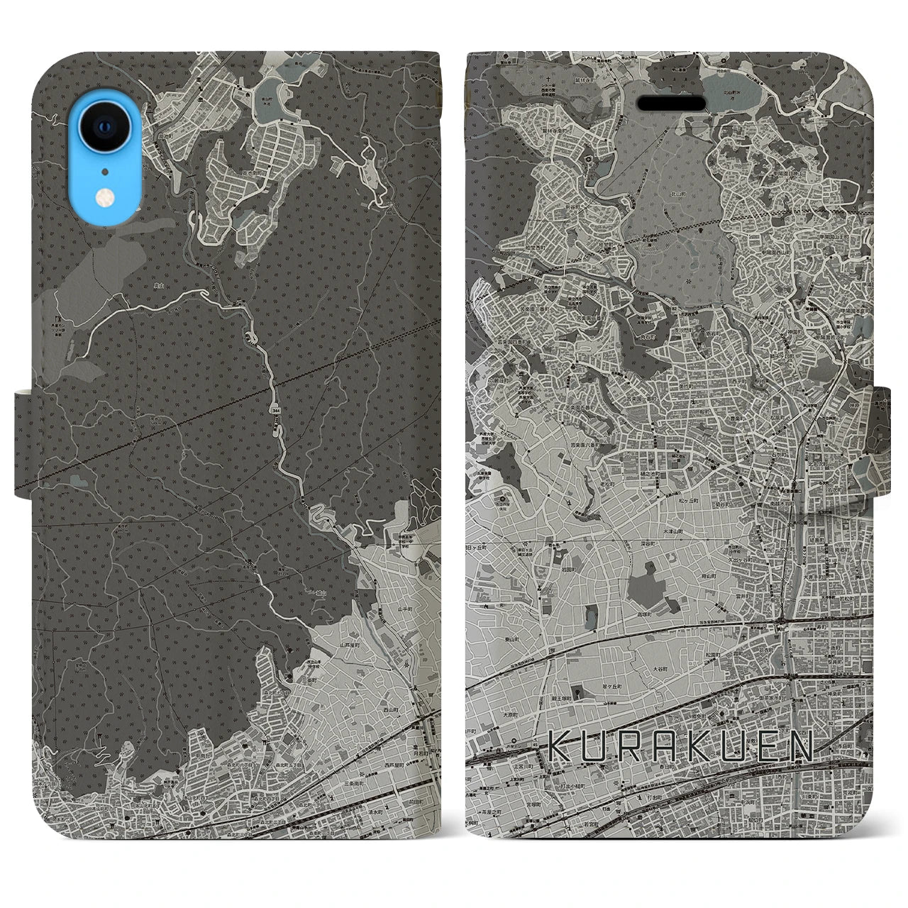 【苦楽園(兵庫県)】地図柄iPhoneケース(手帳タイプ)モノトーン・iPhone XR 用