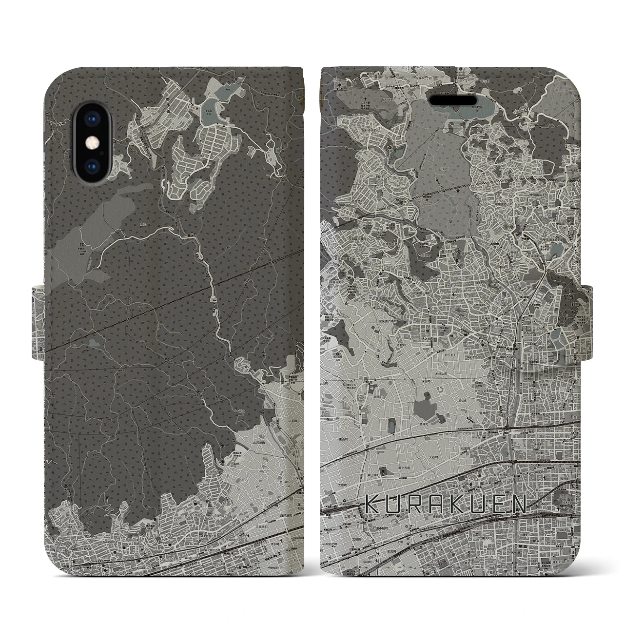 【苦楽園(兵庫県)】地図柄iPhoneケース(手帳タイプ)モノトーン・iPhone XS / X 用