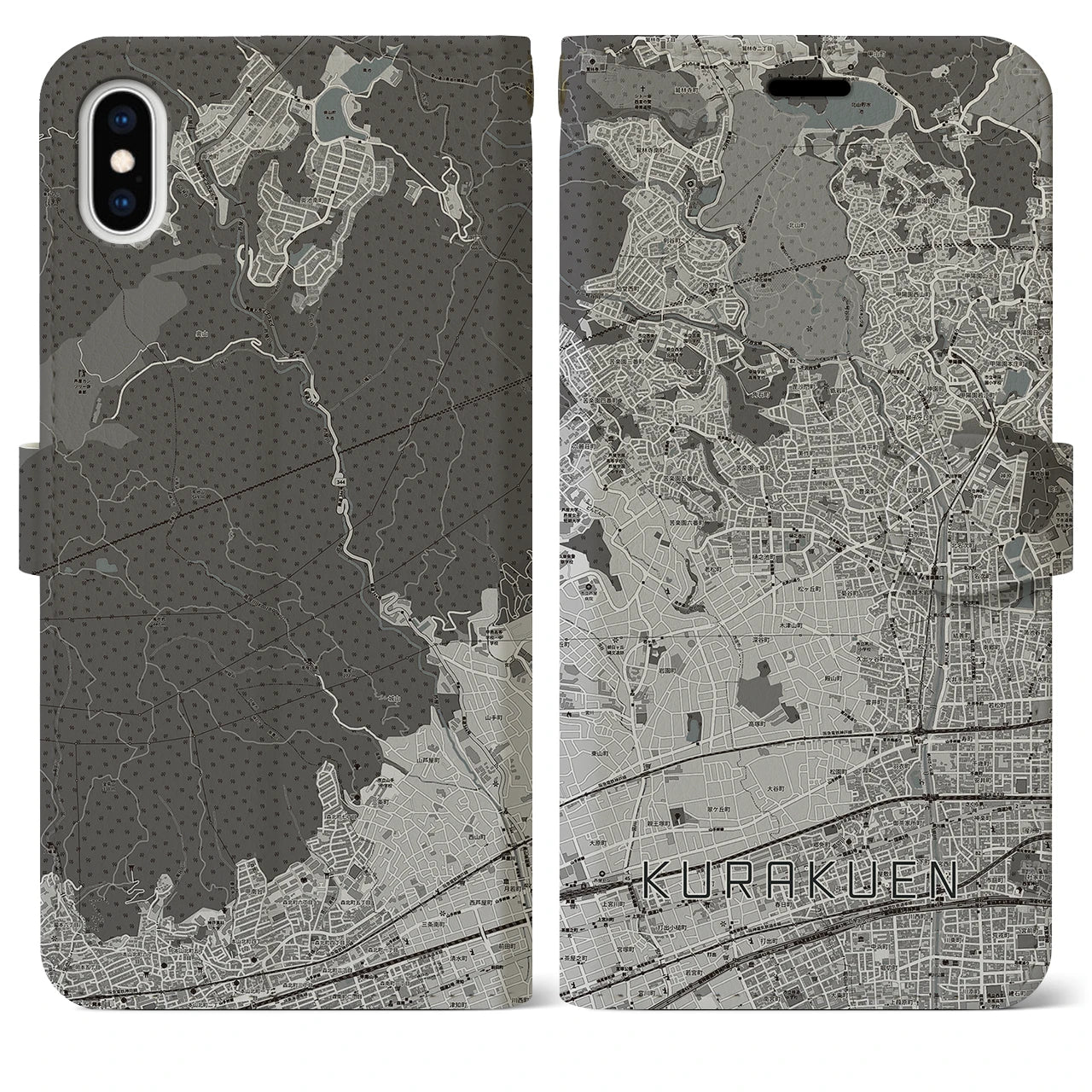 【苦楽園(兵庫県)】地図柄iPhoneケース(手帳タイプ)モノトーン・iPhone XS Max 用