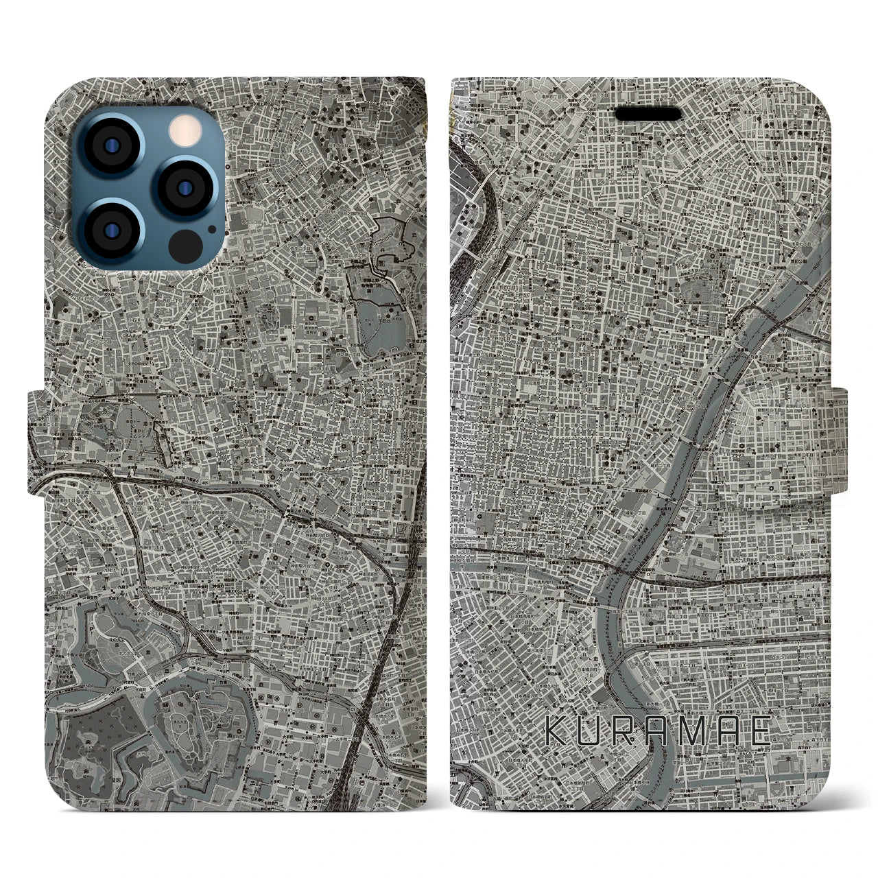 【蔵前(東京都)】地図柄iPhoneケース(手帳タイプ)モノトーン・iPhone 12 / 12 Pro 用