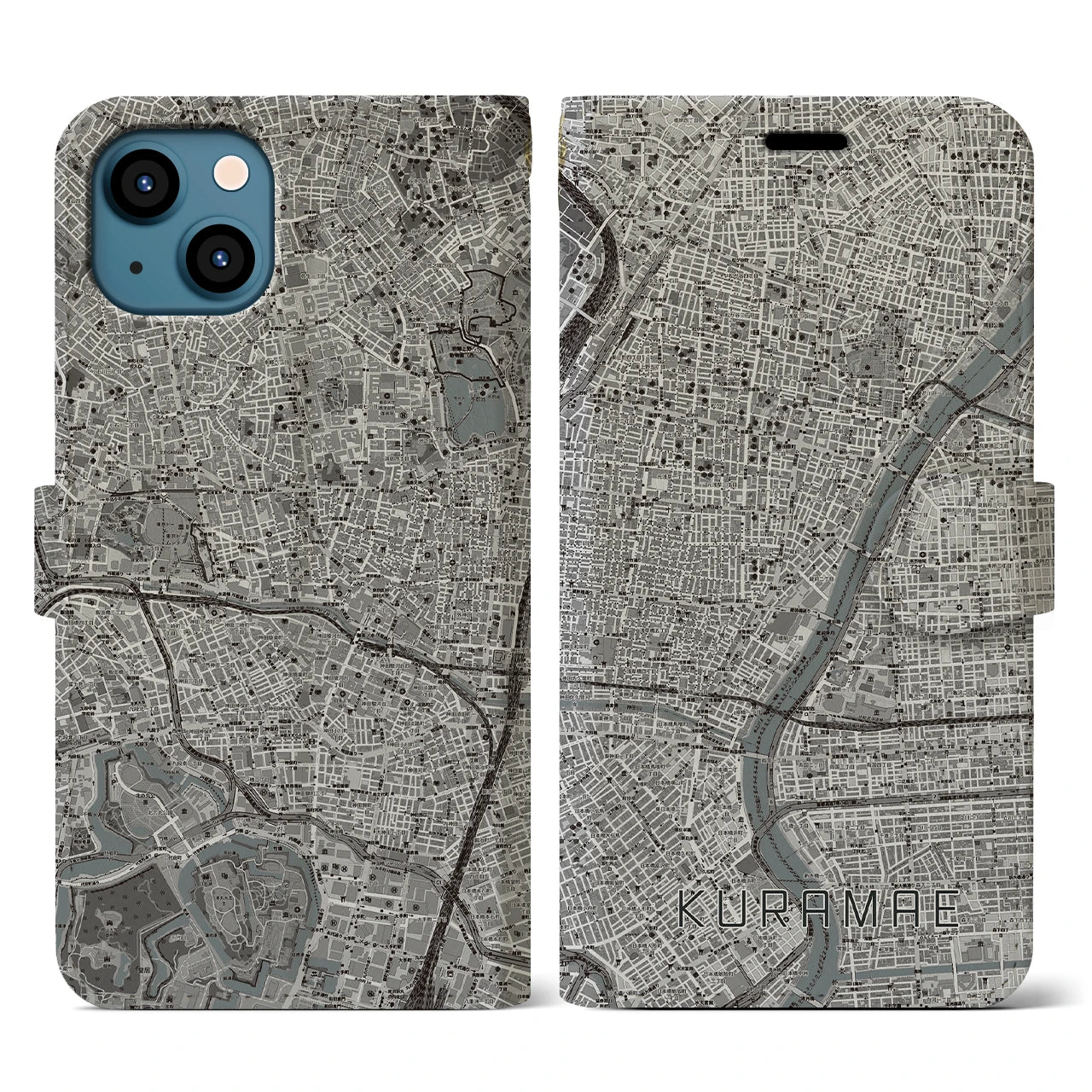 【蔵前(東京都)】地図柄iPhoneケース(手帳タイプ)モノトーン・iPhone 13 用