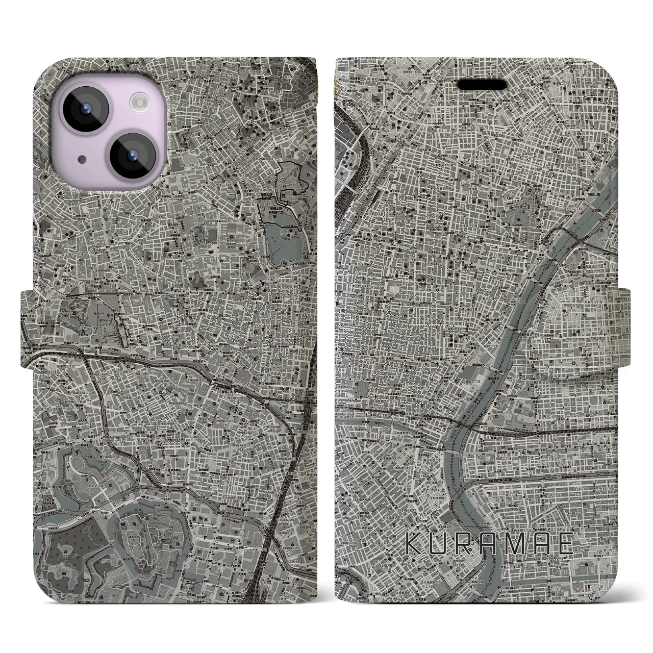 【蔵前(東京都)】地図柄iPhoneケース(手帳タイプ)モノトーン・iPhone 14 用