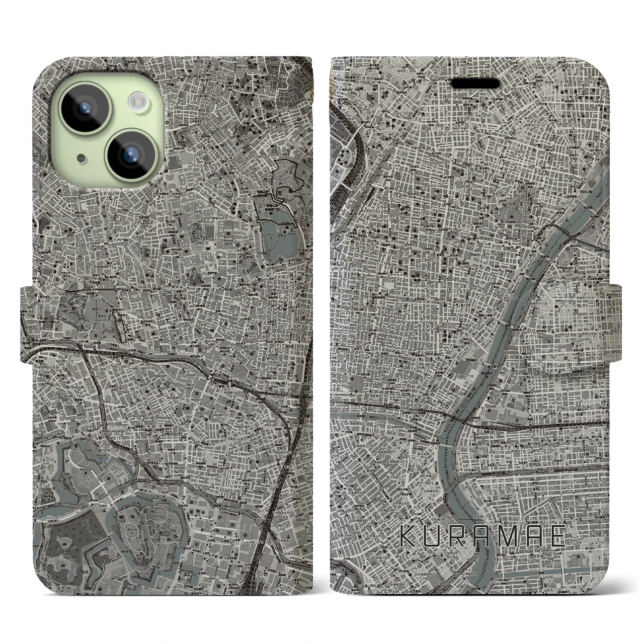 【蔵前(東京都)】地図柄iPhoneケース(手帳タイプ)モノトーン・iPhone 15 用