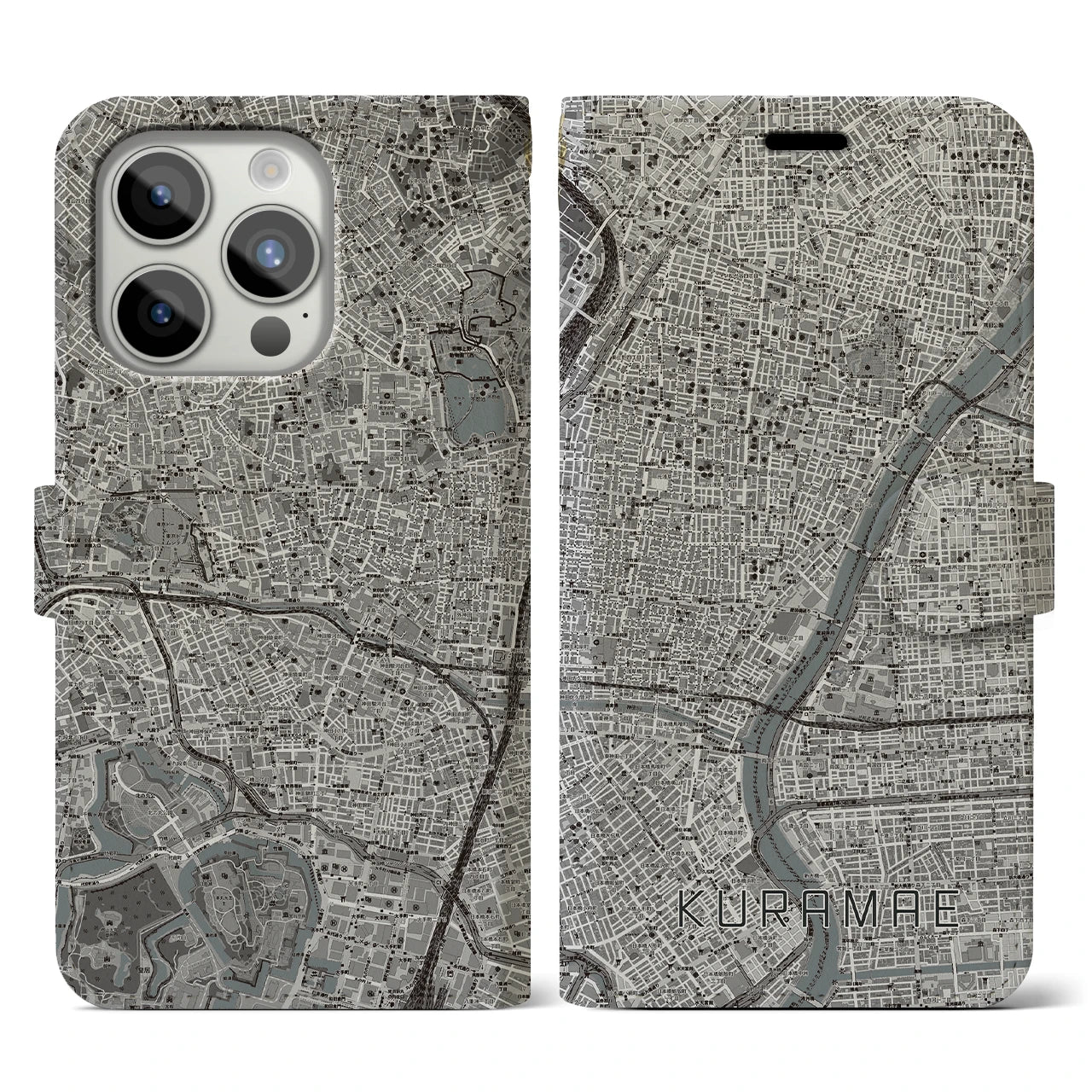【蔵前(東京都)】地図柄iPhoneケース(手帳タイプ)モノトーン・iPhone 15 Pro 用