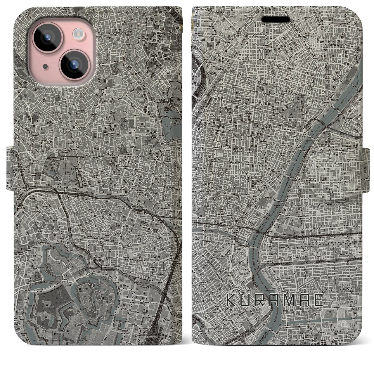【蔵前(東京都)】地図柄iPhoneケース(手帳タイプ)モノトーン・iPhone 15 Plus 用