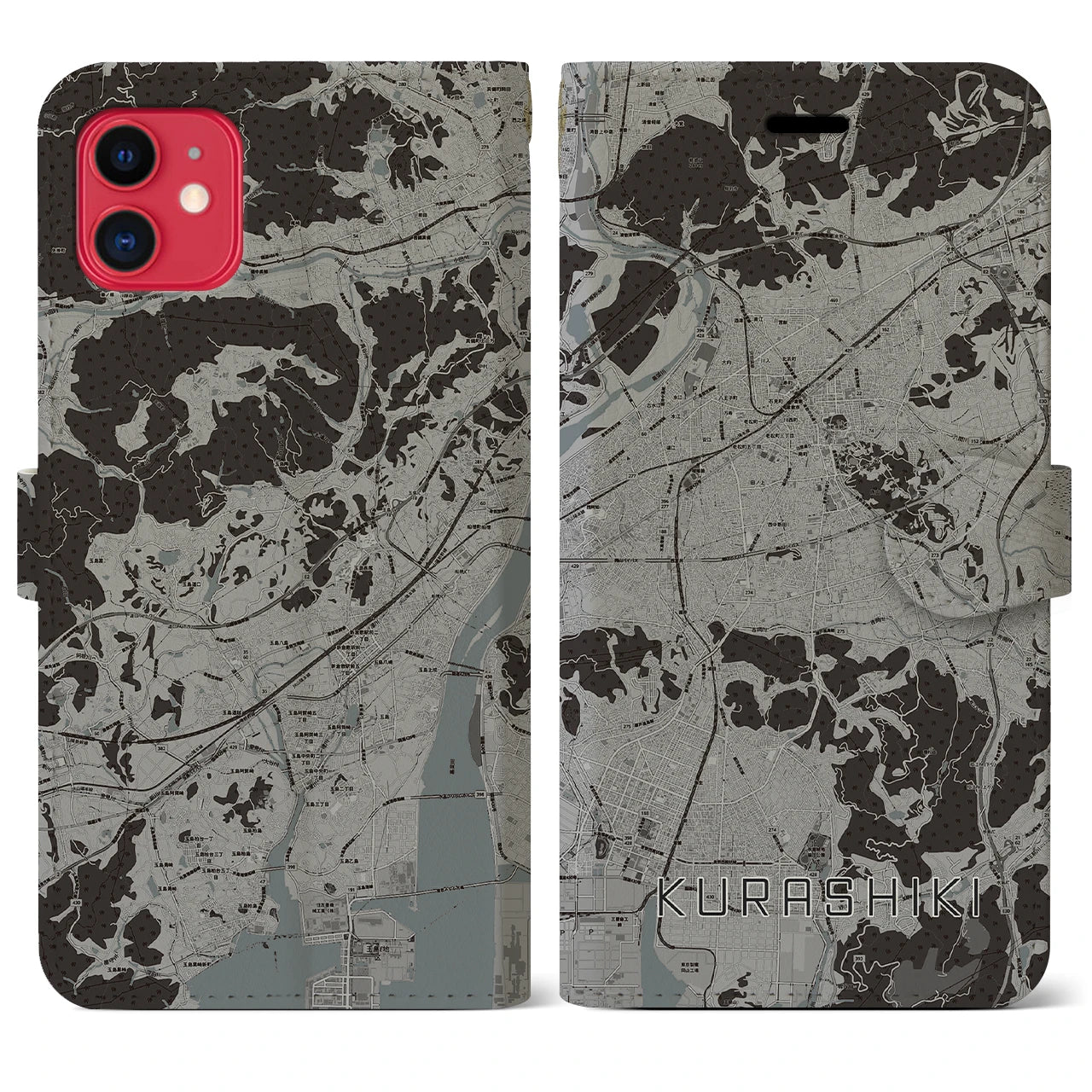 【倉敷(岡山県)】地図柄iPhoneケース(手帳タイプ)モノトーン・iPhone 11 用