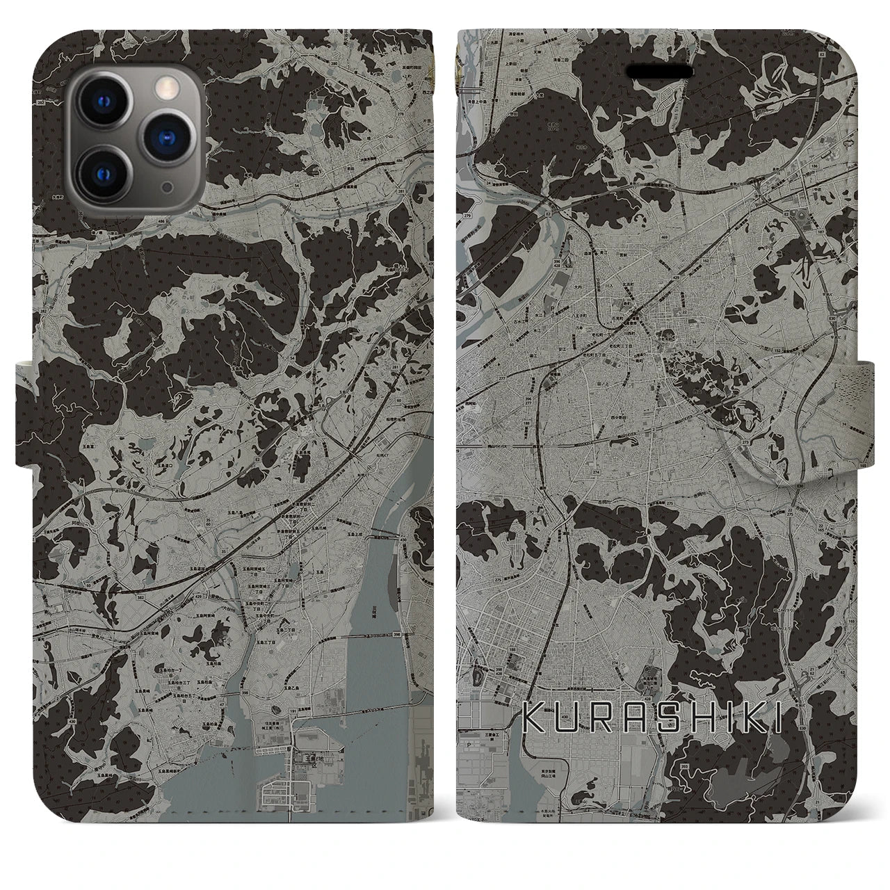 【倉敷(岡山県)】地図柄iPhoneケース(手帳タイプ)モノトーン・iPhone 11 Pro Max 用