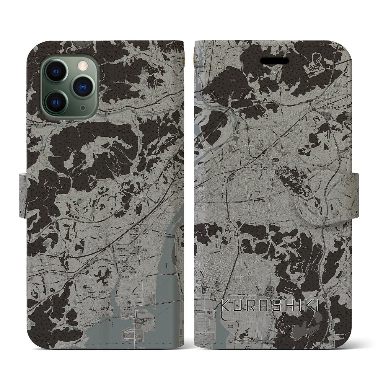 【倉敷(岡山県)】地図柄iPhoneケース(手帳タイプ)モノトーン・iPhone 11 Pro 用