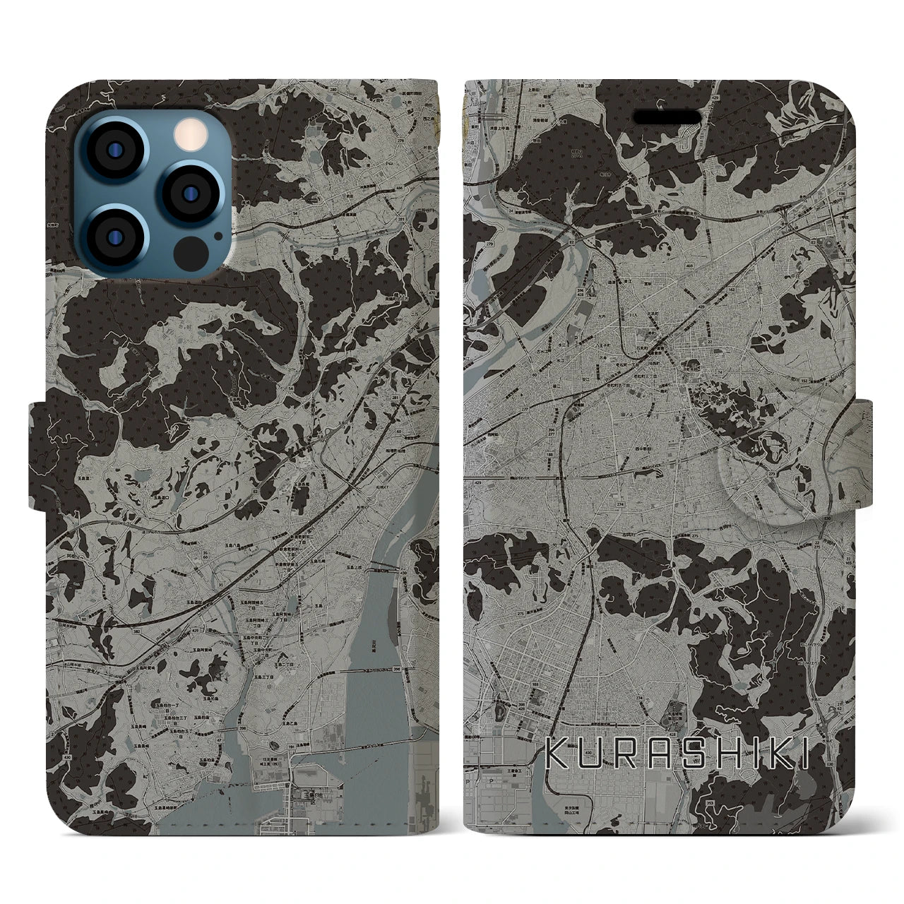 【倉敷(岡山県)】地図柄iPhoneケース(手帳タイプ)モノトーン・iPhone 12 / 12 Pro 用