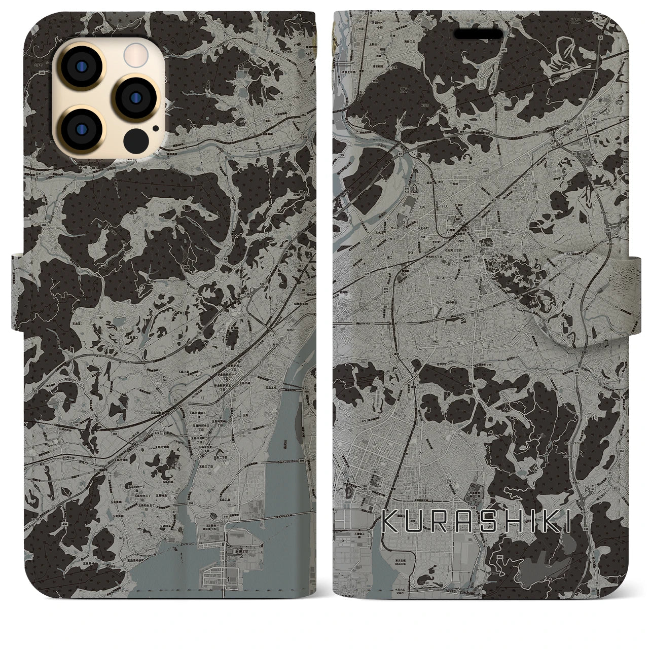 【倉敷(岡山県)】地図柄iPhoneケース(手帳タイプ)モノトーン・iPhone 12 Pro Max 用