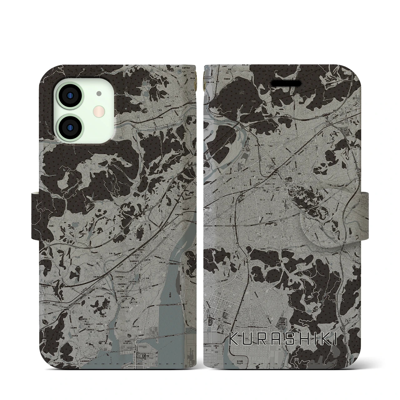 【倉敷(岡山県)】地図柄iPhoneケース(手帳タイプ)モノトーン・iPhone 12 mini 用