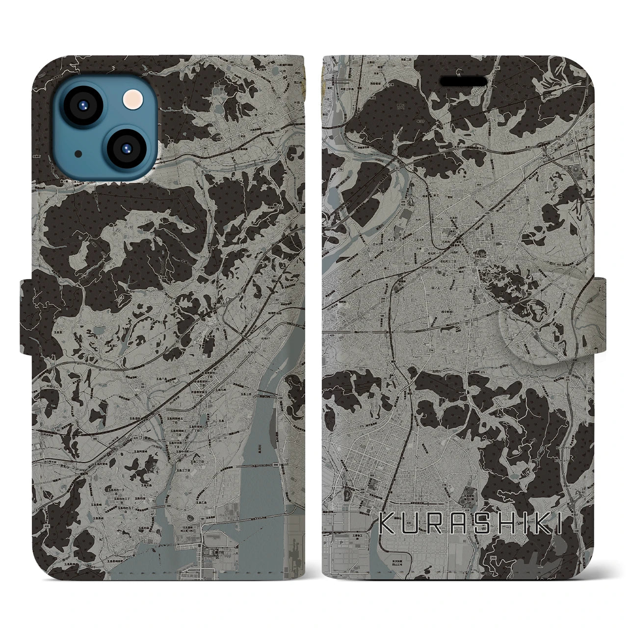 【倉敷(岡山県)】地図柄iPhoneケース(手帳タイプ)モノトーン・iPhone 13 用