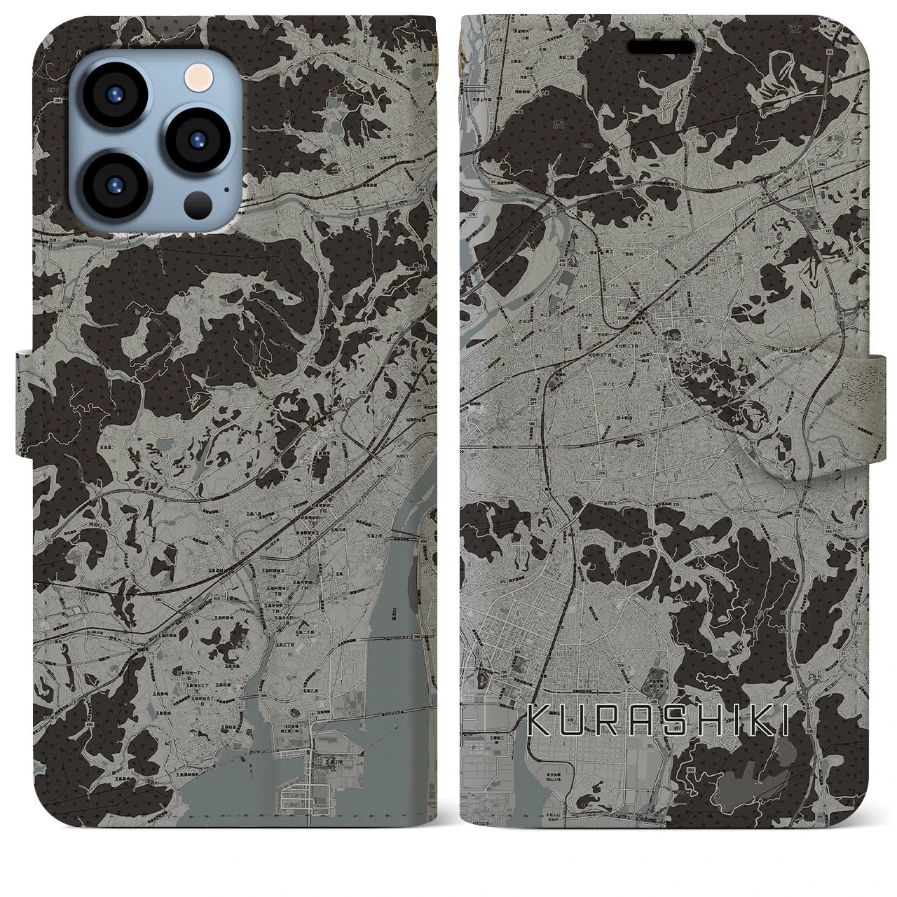 【倉敷(岡山県)】地図柄iPhoneケース(手帳タイプ)モノトーン・iPhone 13 Pro Max 用