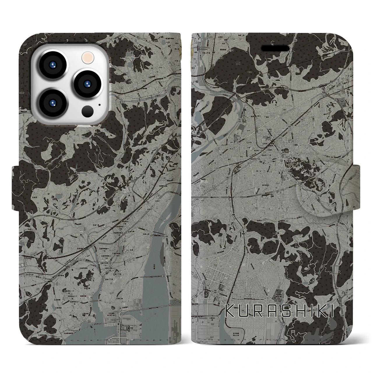 【倉敷(岡山県)】地図柄iPhoneケース(手帳タイプ)モノトーン・iPhone 13 Pro 用