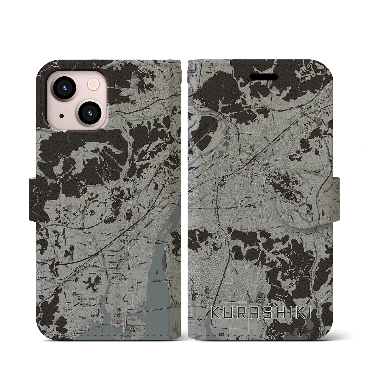 【倉敷(岡山県)】地図柄iPhoneケース(手帳タイプ)モノトーン・iPhone 13 mini 用