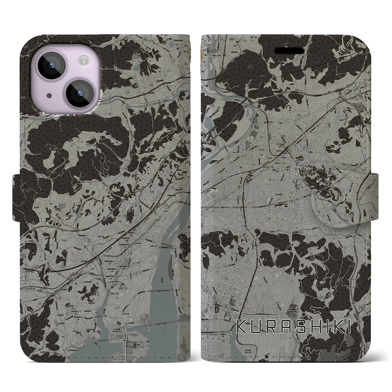 【倉敷(岡山県)】地図柄iPhoneケース(手帳タイプ)モノトーン・iPhone 14 用
