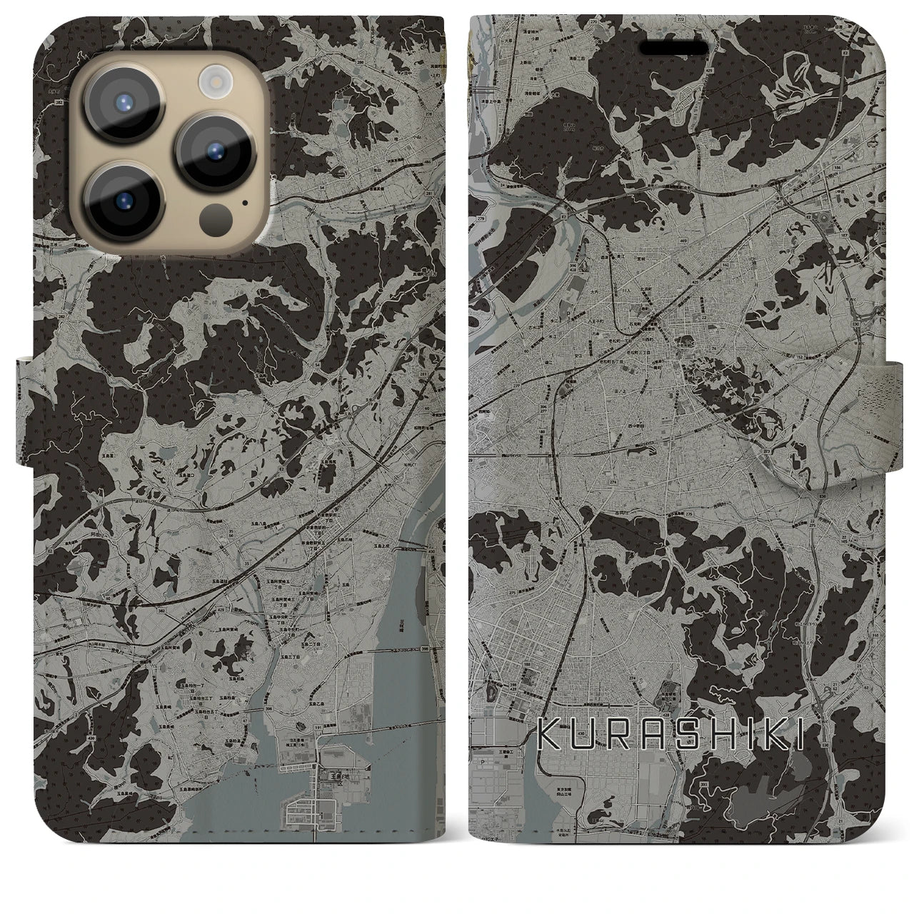 【倉敷(岡山県)】地図柄iPhoneケース(手帳タイプ)モノトーン・iPhone 14 Pro Max 用