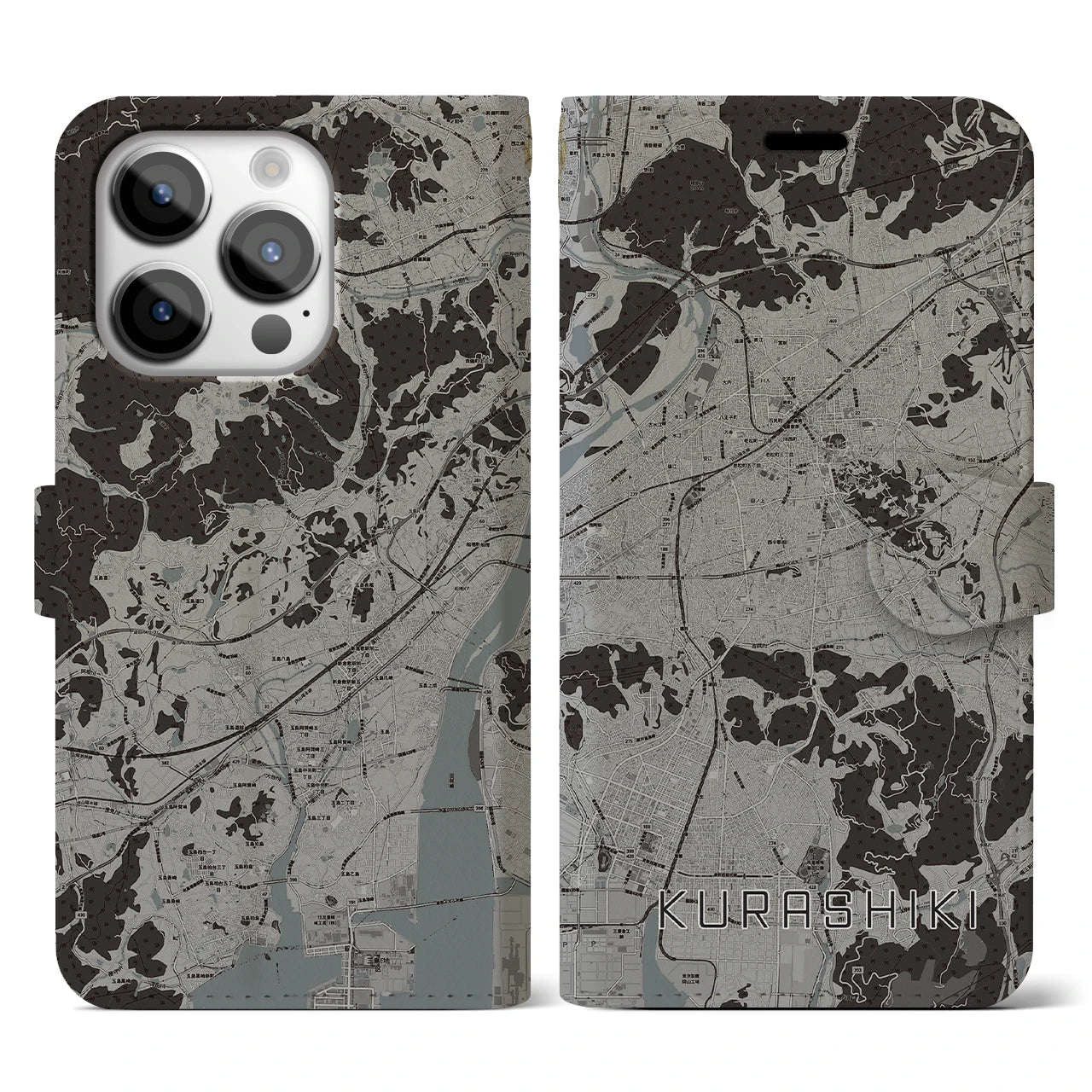 【倉敷(岡山県)】地図柄iPhoneケース(手帳タイプ)モノトーン・iPhone 14 Pro 用