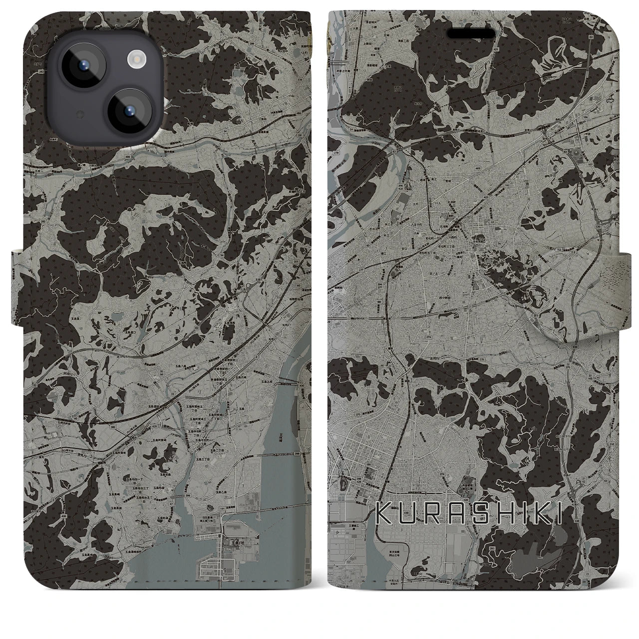 【倉敷(岡山県)】地図柄iPhoneケース(手帳タイプ)モノトーン・iPhone 14 Plus 用