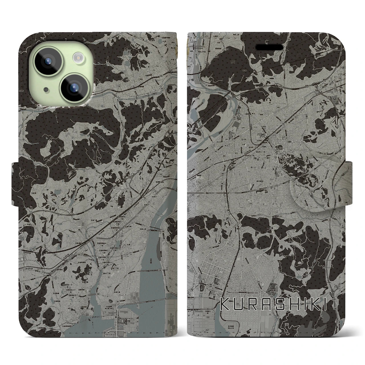 【倉敷(岡山県)】地図柄iPhoneケース(手帳タイプ)モノトーン・iPhone 15 用