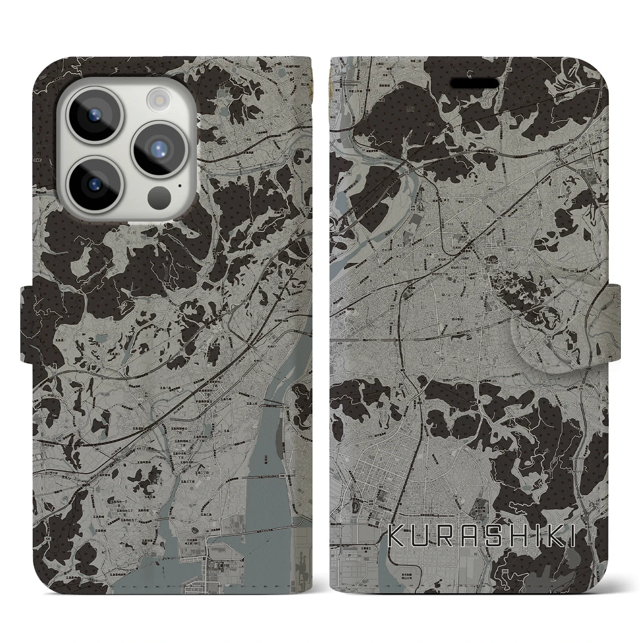【倉敷(岡山県)】地図柄iPhoneケース(手帳タイプ)モノトーン・iPhone 15 Pro 用