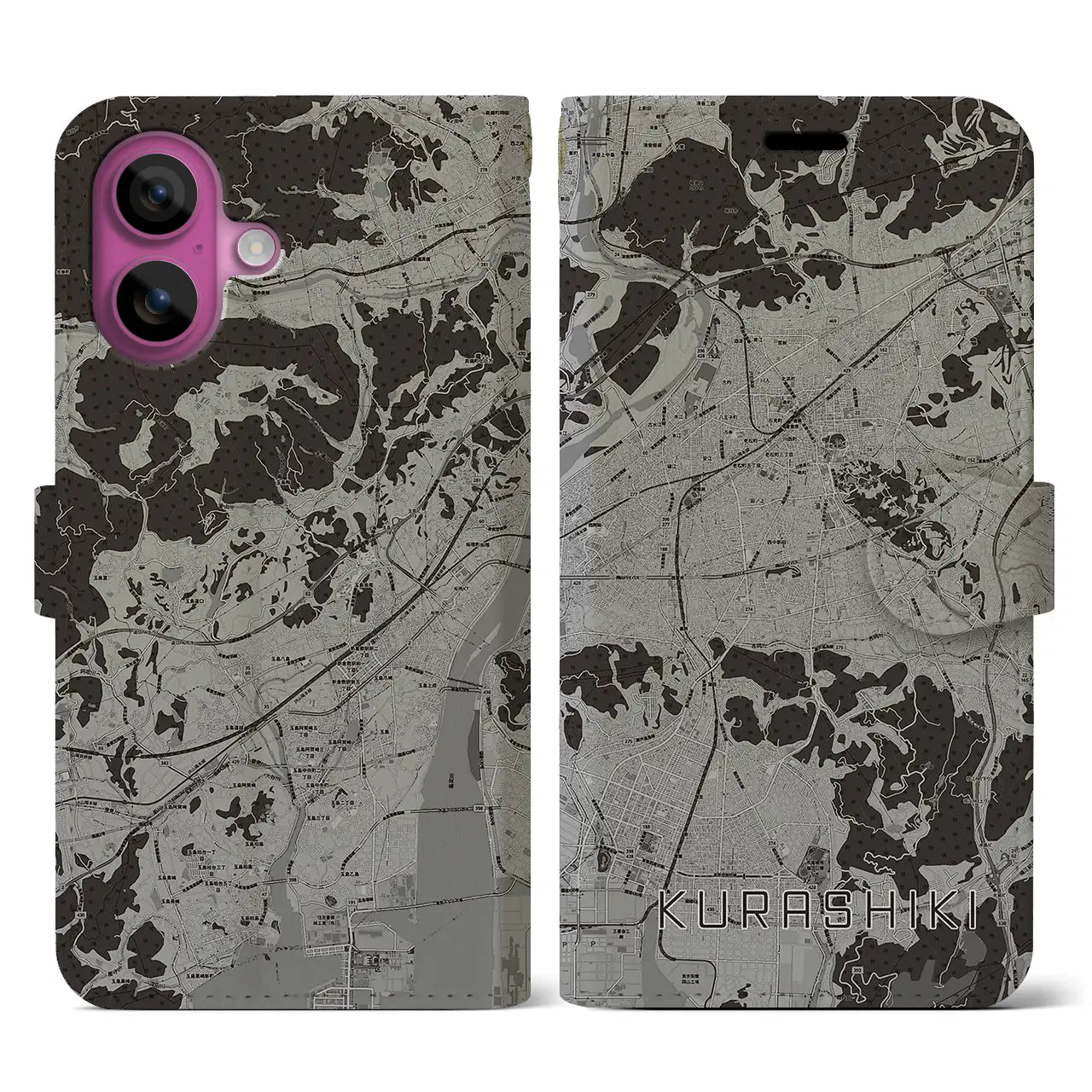 【倉敷(岡山県)】地図柄iPhoneケース(手帳タイプ)モノトーン・iPhone 16 Pro 用