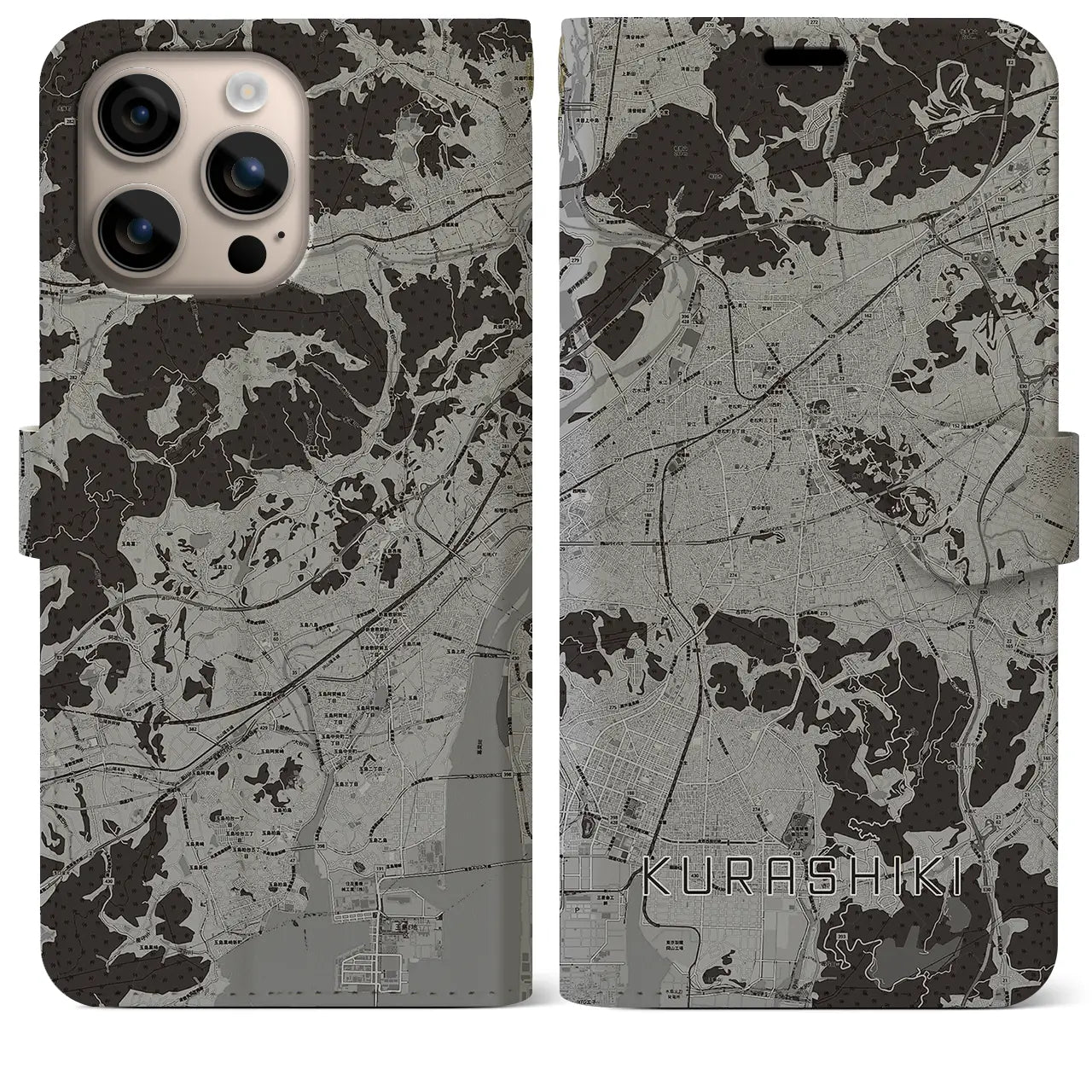 【倉敷(岡山県)】地図柄iPhoneケース(手帳タイプ)モノトーン・iPhone 16 Plus 用