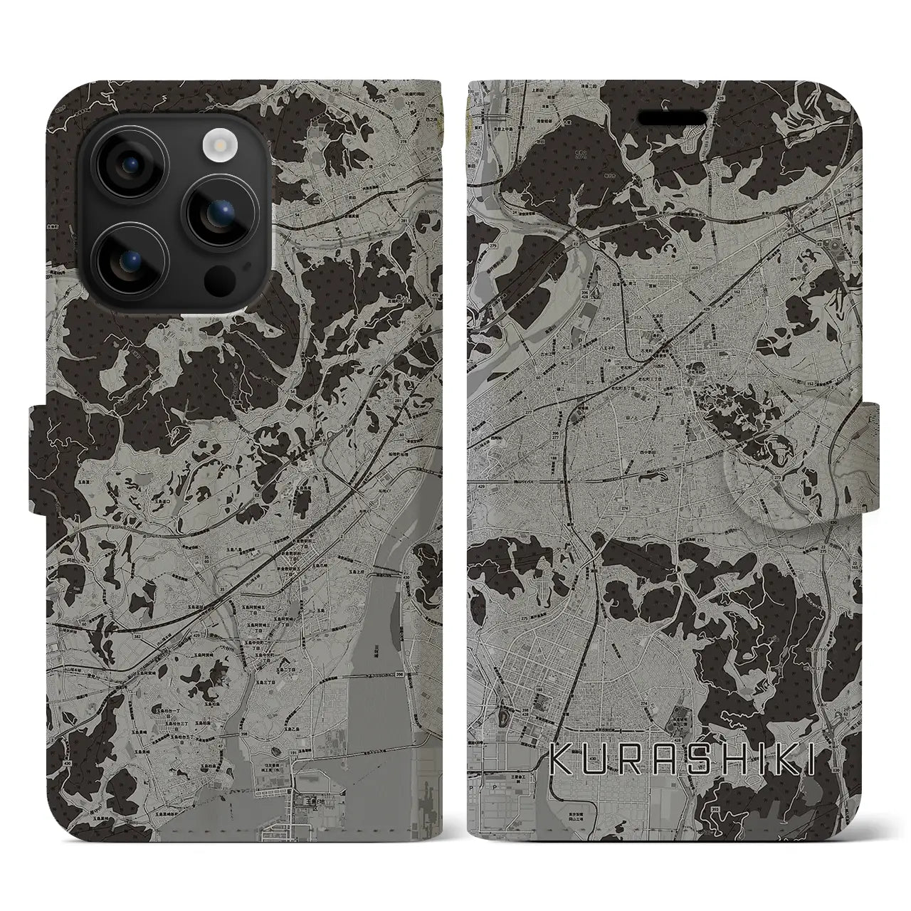 【倉敷(岡山県)】地図柄iPhoneケース(手帳タイプ)モノトーン・iPhone 16 用