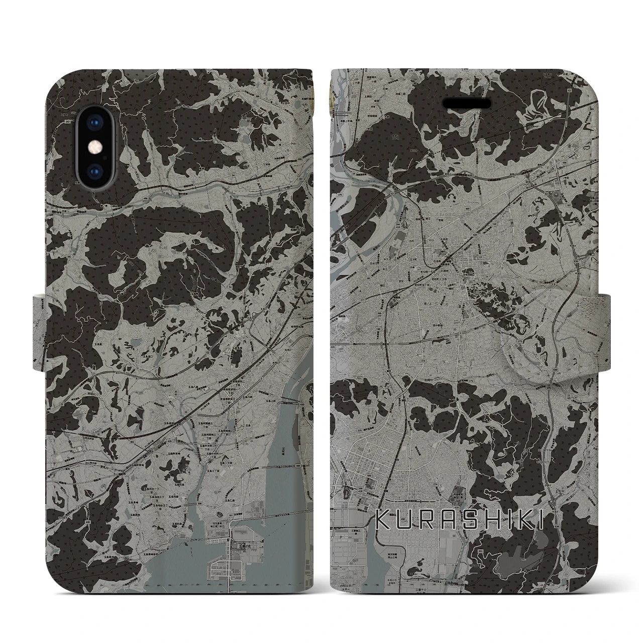 【倉敷(岡山県)】地図柄iPhoneケース(手帳タイプ)モノトーン・iPhone XS / X 用