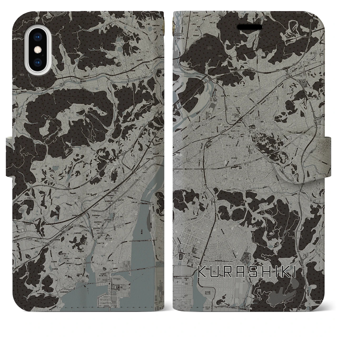 【倉敷(岡山県)】地図柄iPhoneケース(手帳タイプ)モノトーン・iPhone XS Max 用