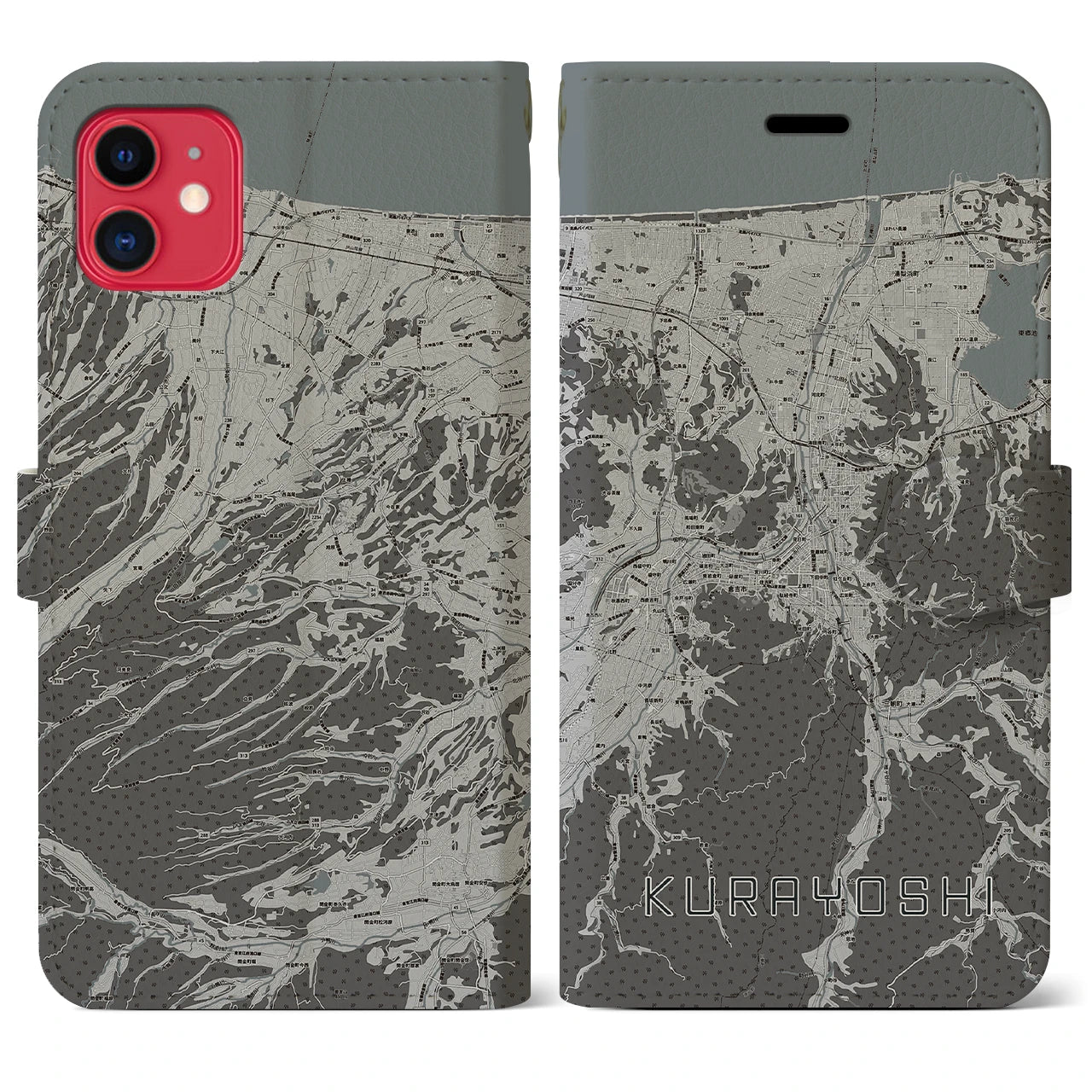【倉吉(鳥取県)】地図柄iPhoneケース(手帳タイプ)モノトーン・iPhone 11 用