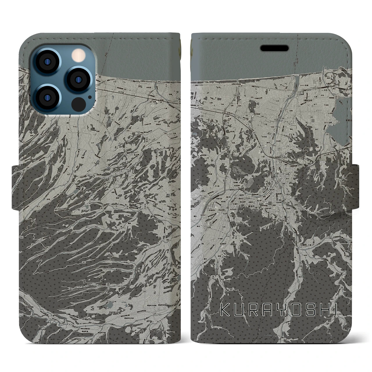 【倉吉(鳥取県)】地図柄iPhoneケース(手帳タイプ)モノトーン・iPhone 12 / 12 Pro 用