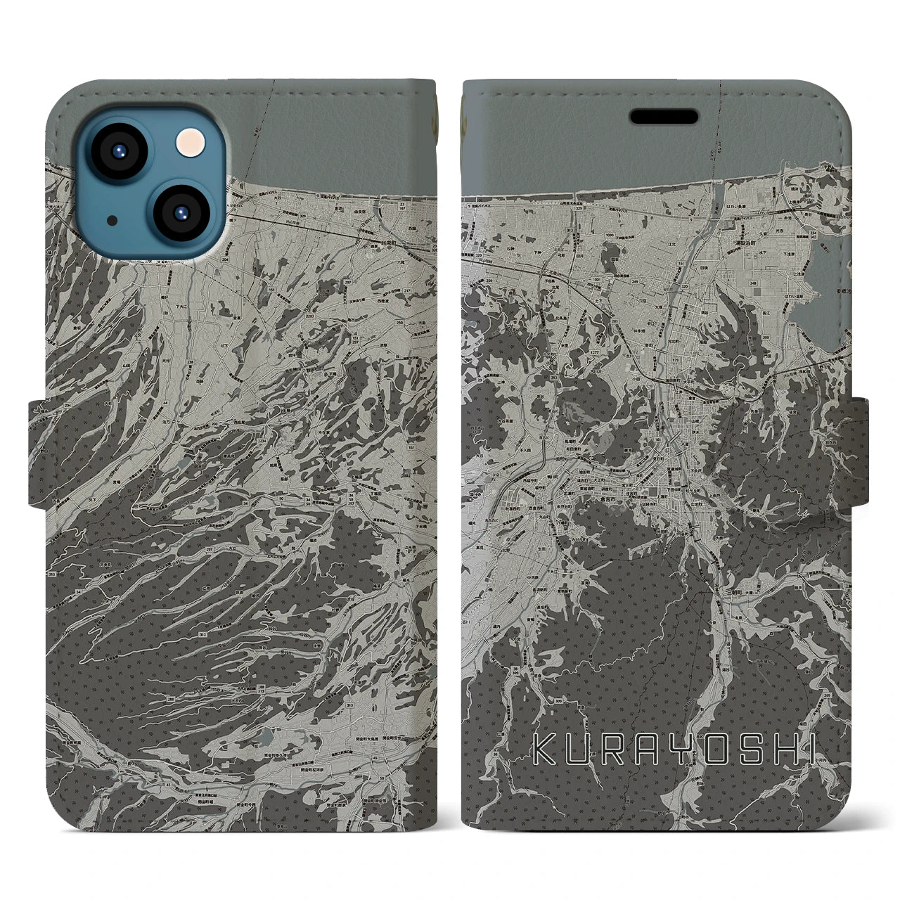 【倉吉(鳥取県)】地図柄iPhoneケース(手帳タイプ)モノトーン・iPhone 13 用
