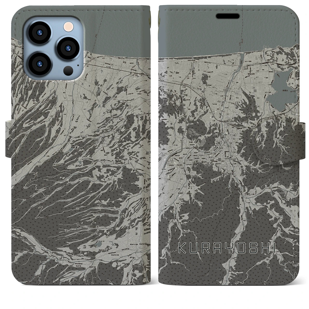 【倉吉(鳥取県)】地図柄iPhoneケース(手帳タイプ)モノトーン・iPhone 13 Pro Max 用