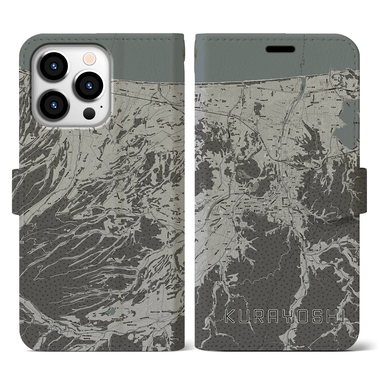 【倉吉(鳥取県)】地図柄iPhoneケース(手帳タイプ)モノトーン・iPhone 13 Pro 用
