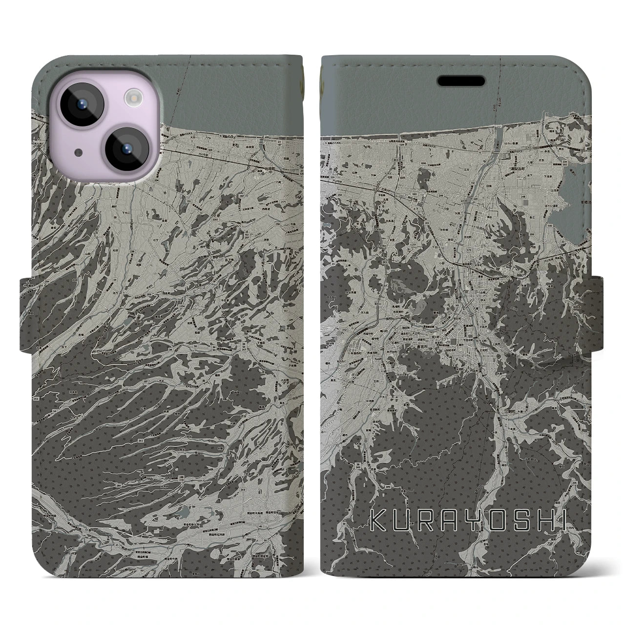 【倉吉(鳥取県)】地図柄iPhoneケース(手帳タイプ)モノトーン・iPhone 14 用