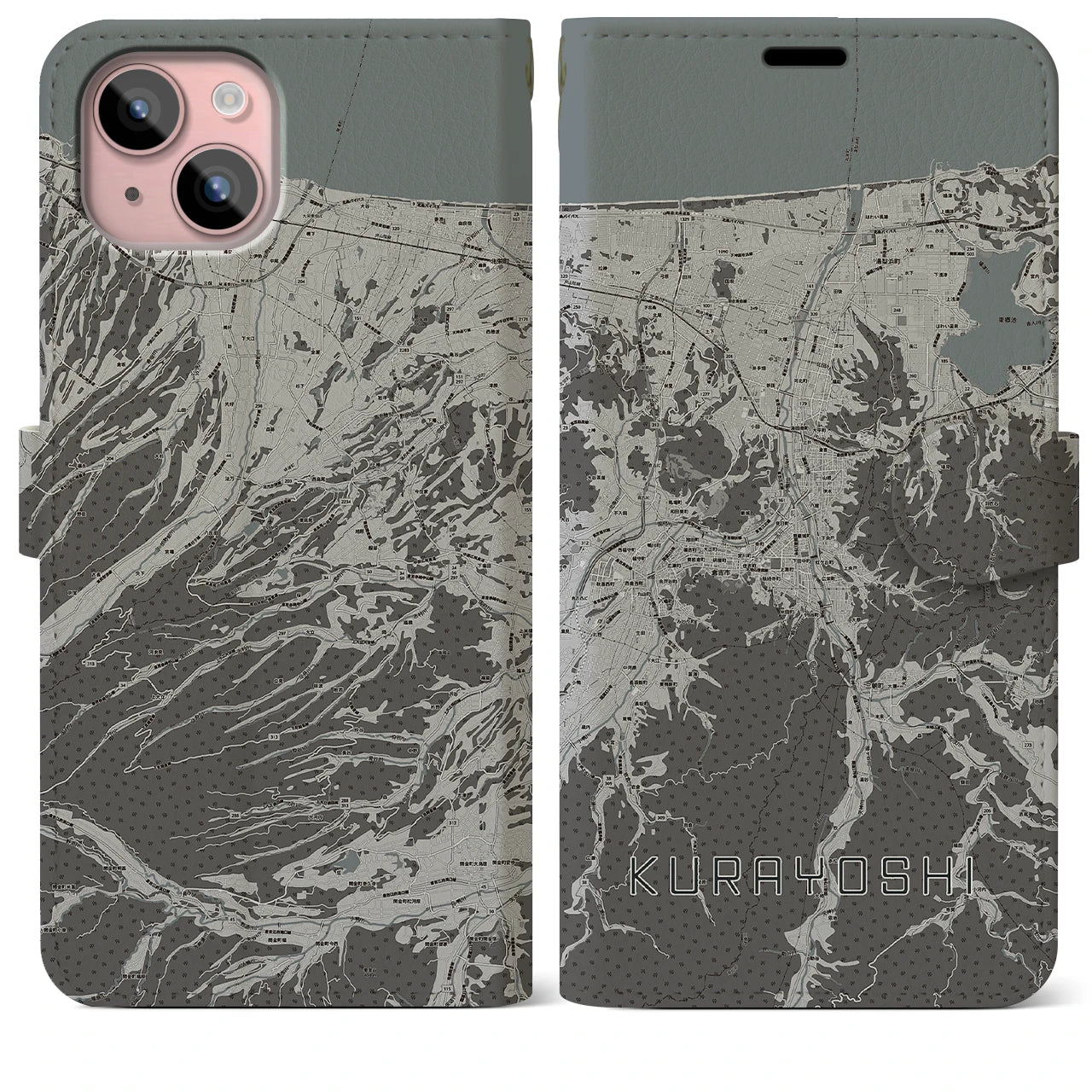 【倉吉(鳥取県)】地図柄iPhoneケース(手帳タイプ)モノトーン・iPhone 15 Plus 用